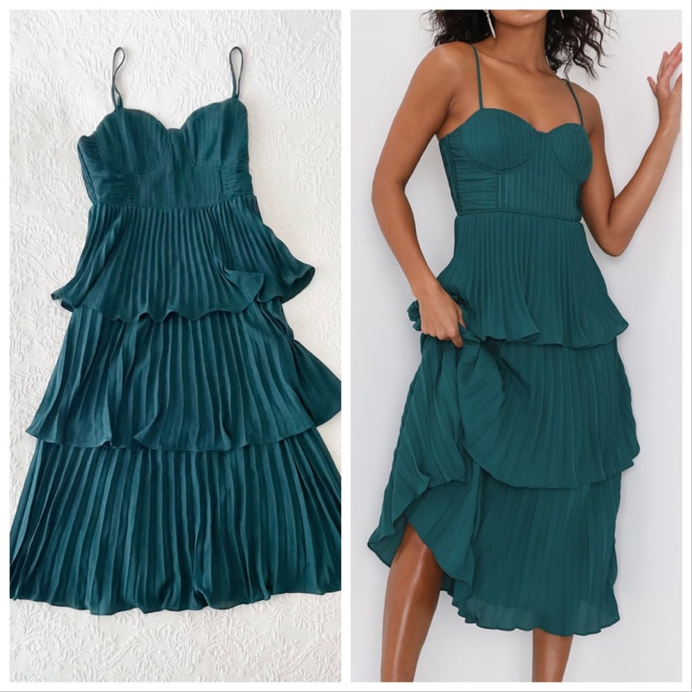 NWOT Lulus Cascading Crush Emerald Green Tiered Bustier Midi Dress Large